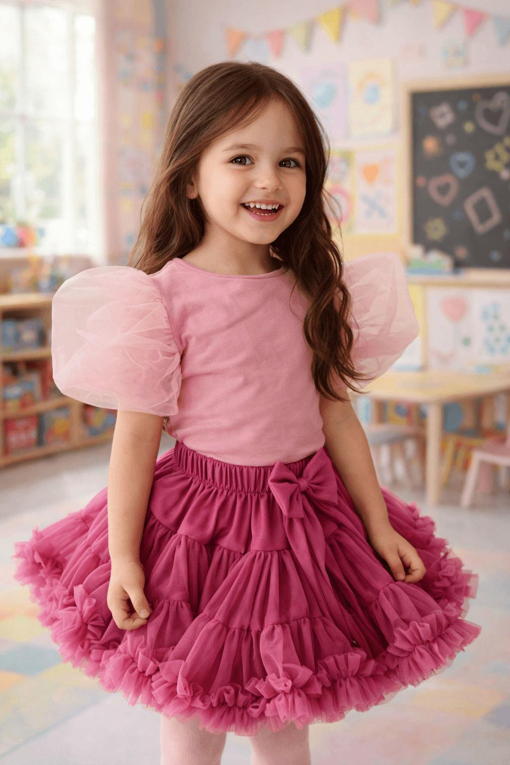 Top Bambina con Maniche in Tulle Rosa – Kiddy in the City