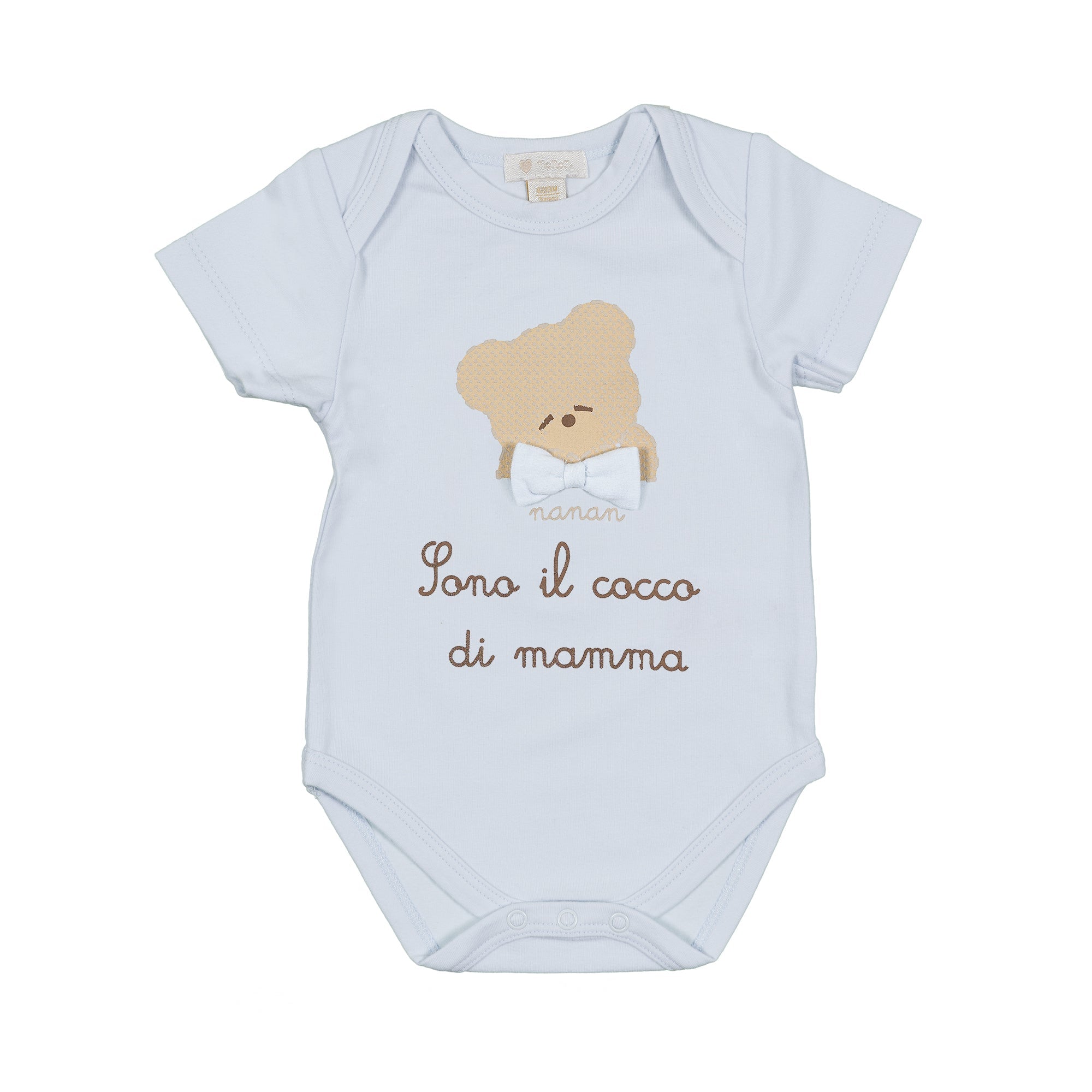 Body Neonato Azzurro 'Sono il Cocco di Mamma' con Orsetto – Nanan