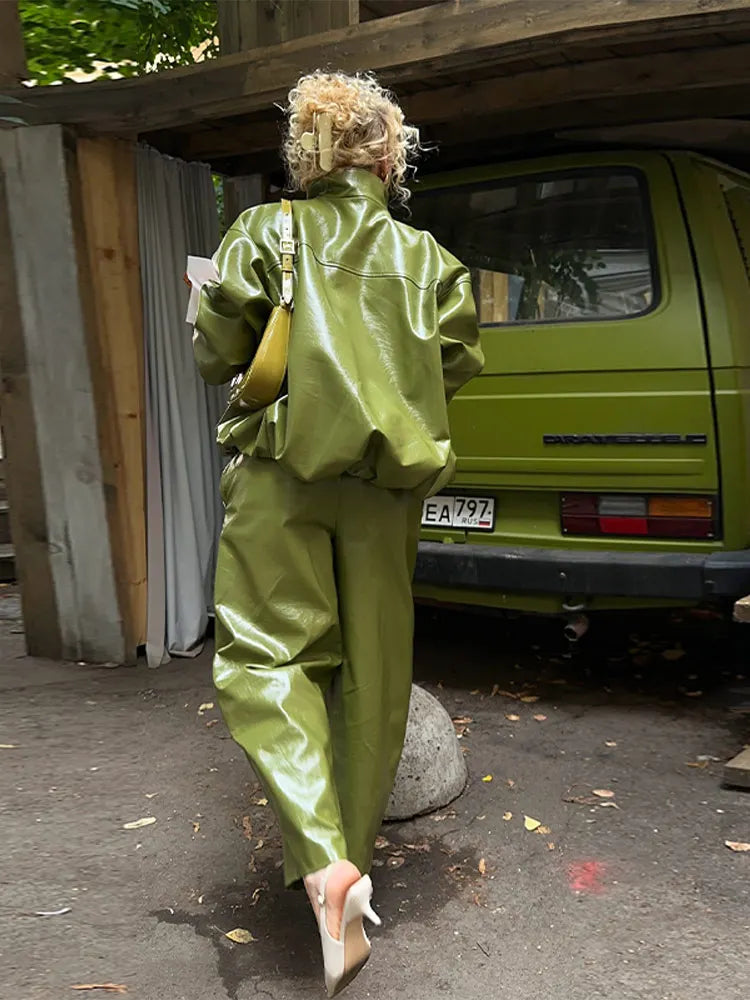 Giacca Donna in Ecopelle Verde Oliva –