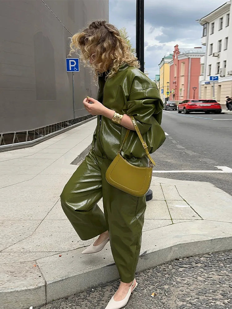 Giacca Donna in Ecopelle Verde Oliva –