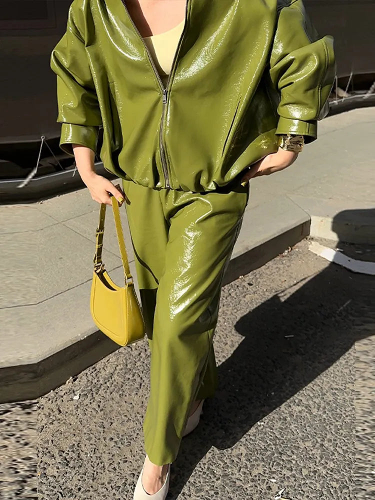 Giacca Donna in Ecopelle Verde Oliva –