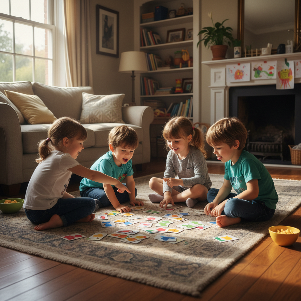 Bambini che giocano al memory sul pavimento