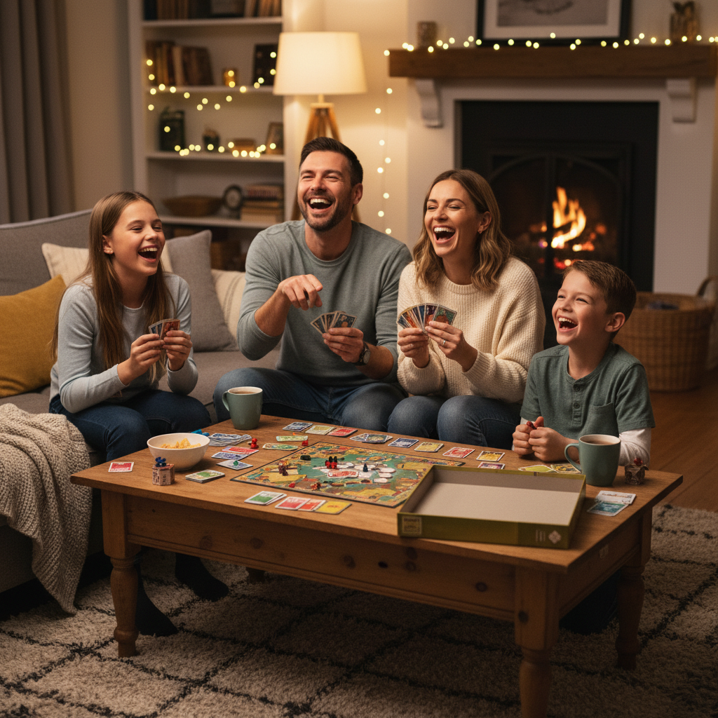 Famiglia che gioca con i 3 giochi del bundle